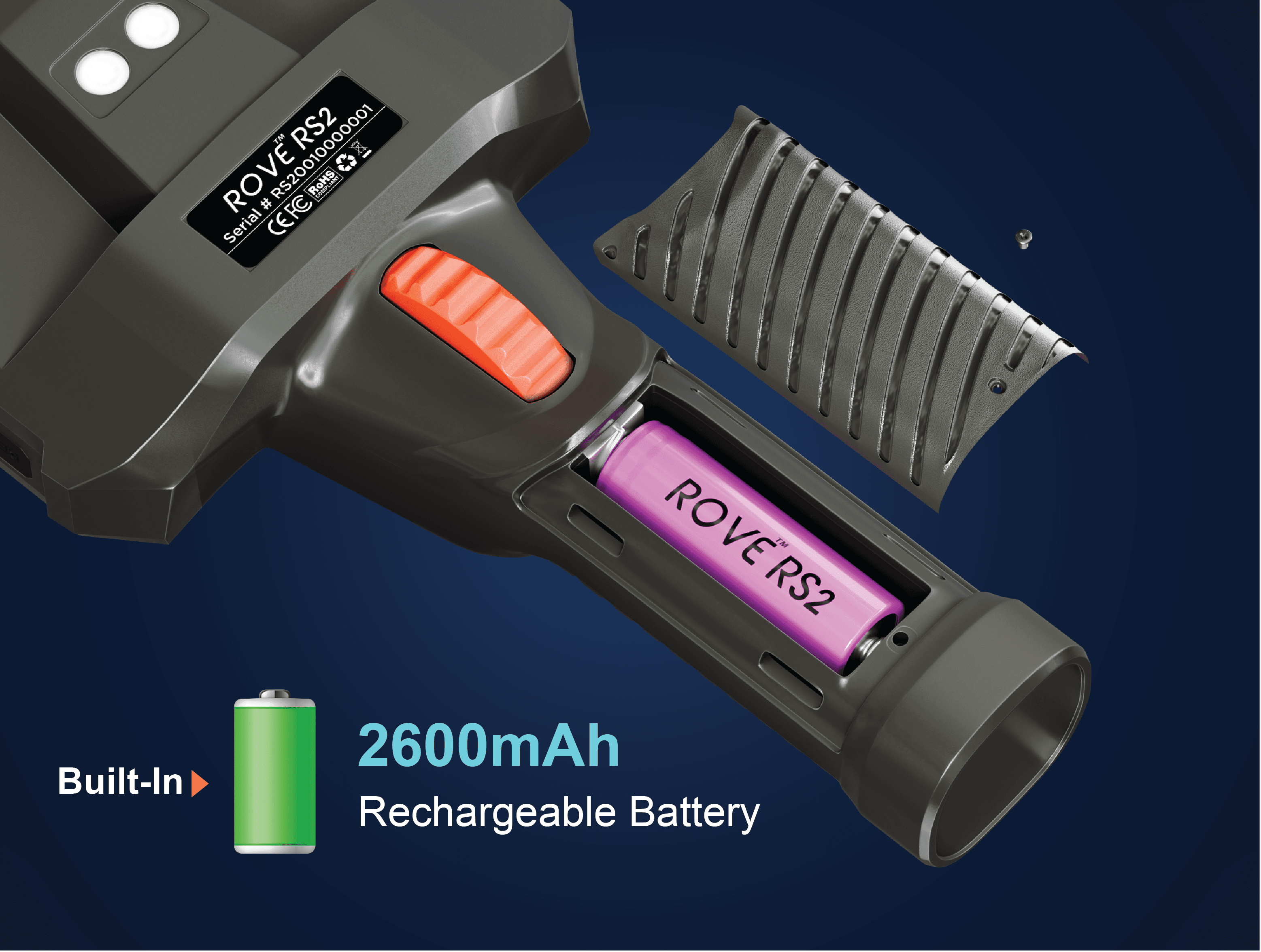 RS2 battery compartment with 2600 mAh rechargeable cell