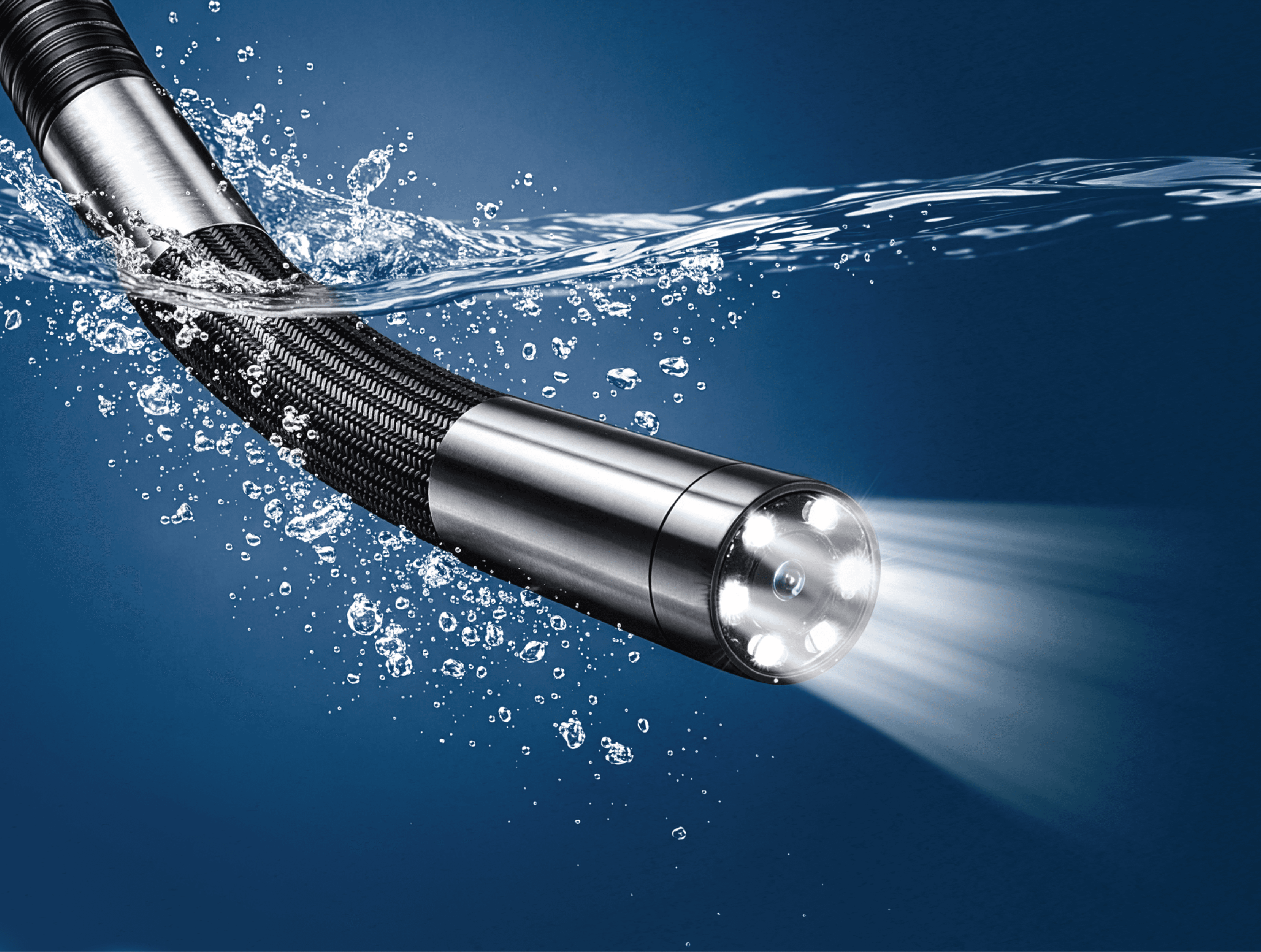 RS2 probe submerged in water with IP67 spray and droplets
