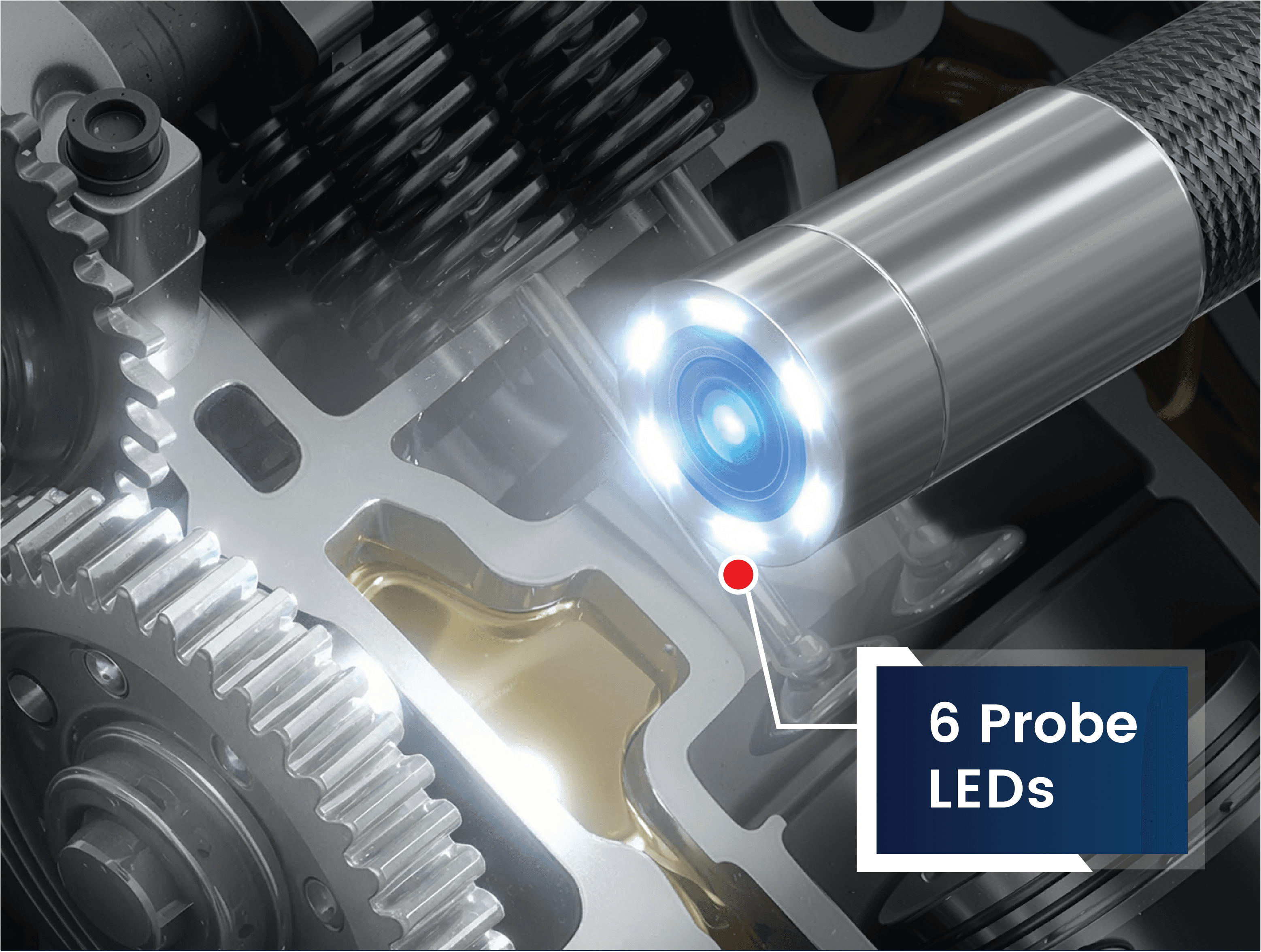 Six probe LEDs lit inside an engine gearbox, illuminating gears and oil