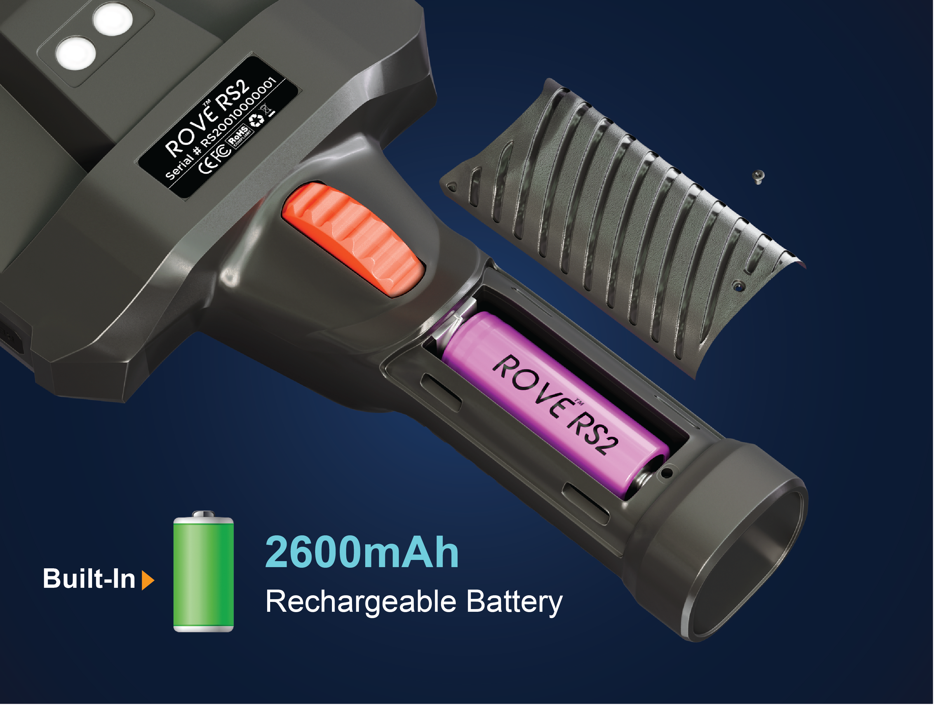 RS2 battery compartment with 2600 mAh rechargeable cell