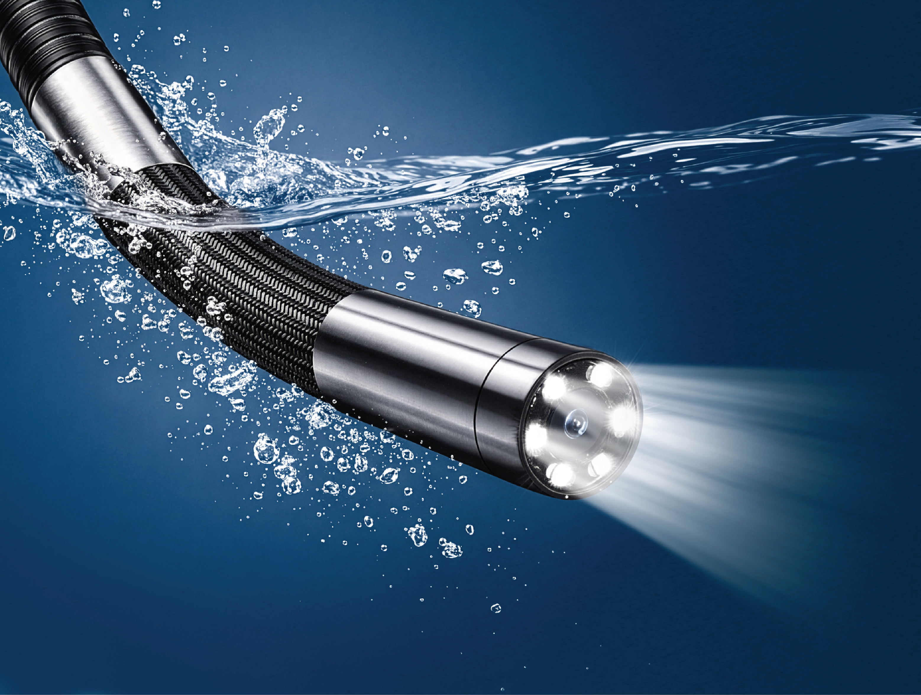 RS2 probe submerged in water with IP67 spray and droplets