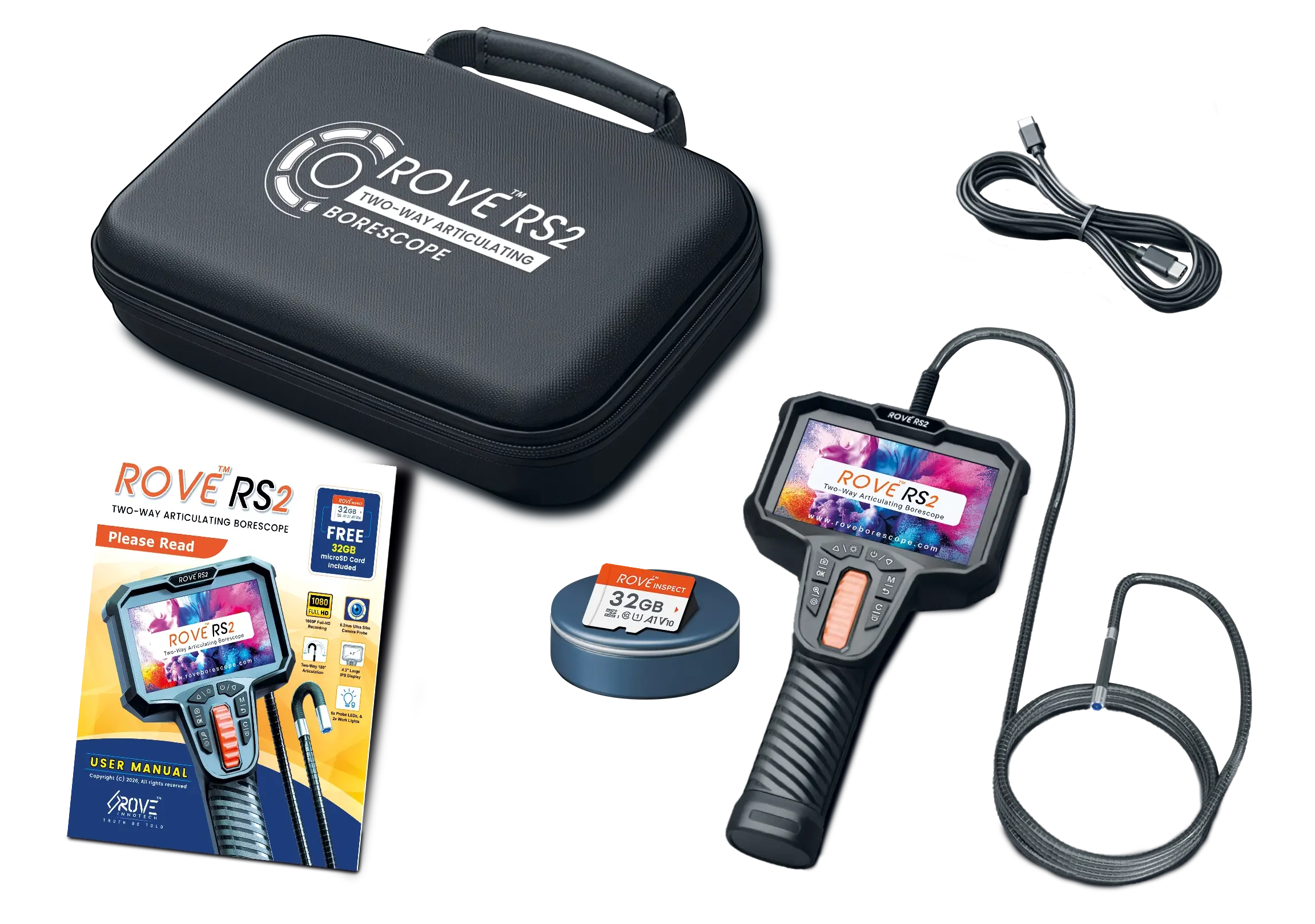 Everything included with the ROVE RS2 Two-Way Articulating Borescope