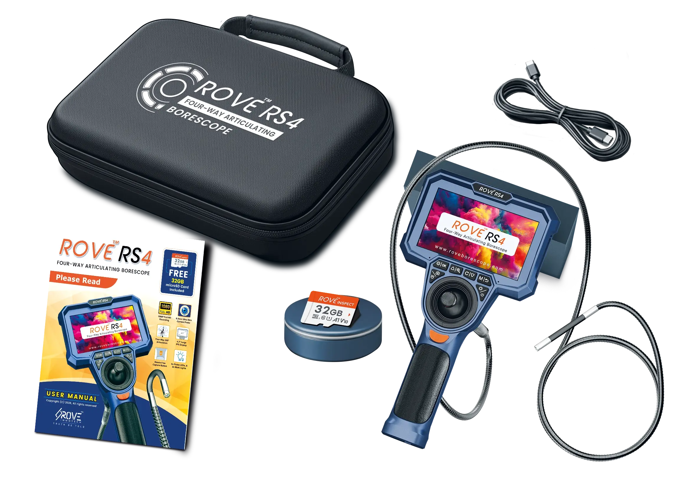 Everything included with the ROVE RS4 Four-Way Articulating Borescope