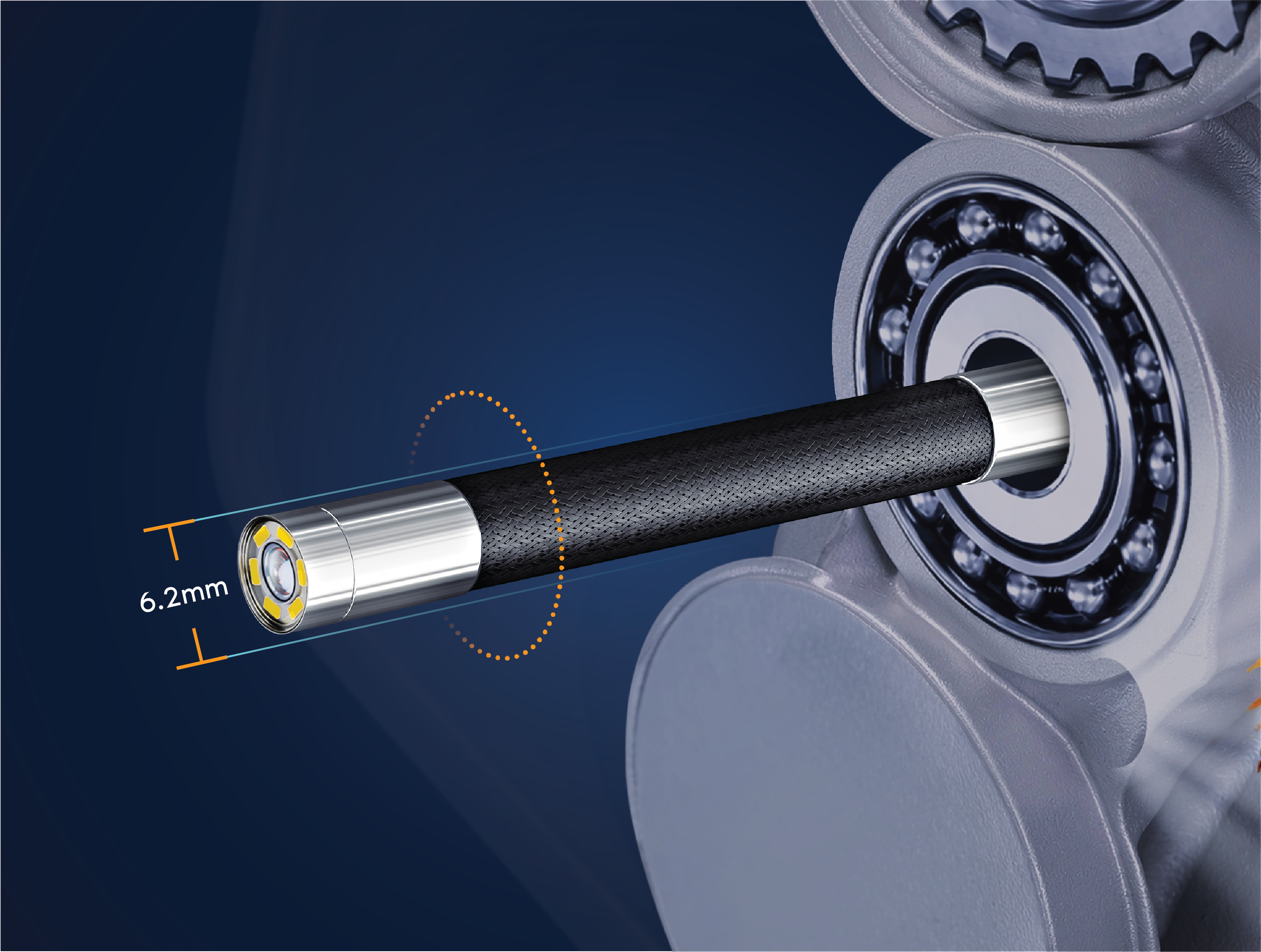 6.2 mm RS2 probe alongside ball-bearing engine macro for scale