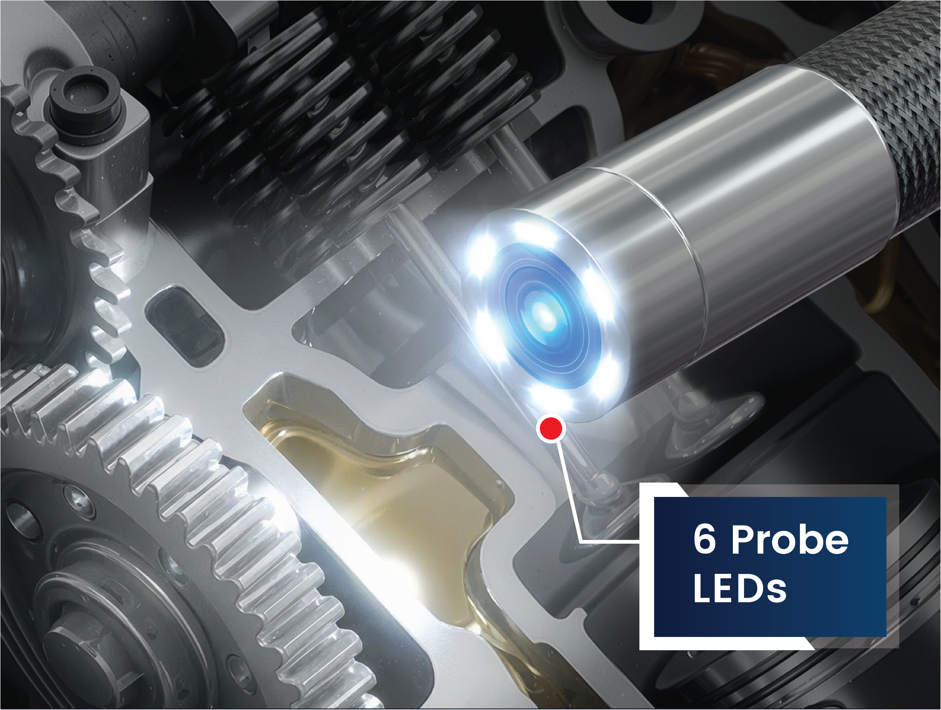 Six probe LEDs lit inside an engine gearbox, illuminating gears and oil