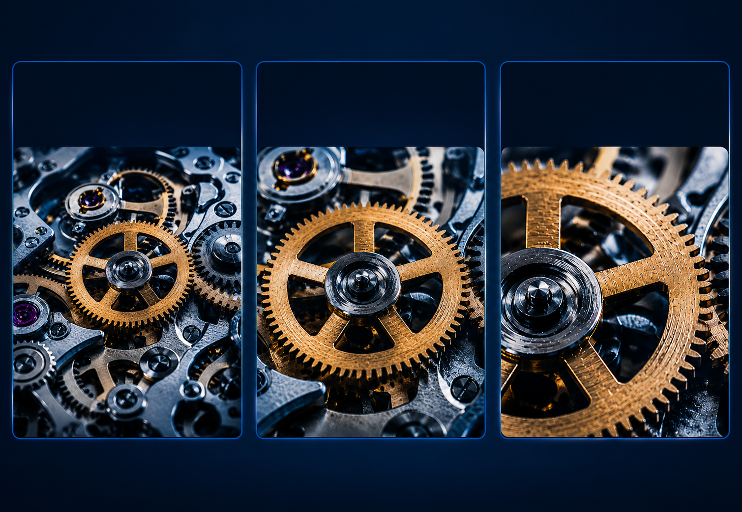Three-panel comparison of gear cluster at 1×, 2×, and 4× digital zoom